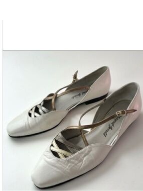 Margaret Jerrold 8.5 / Bone Leather D'Orsay Flats / Mixed Metallic Art Deco